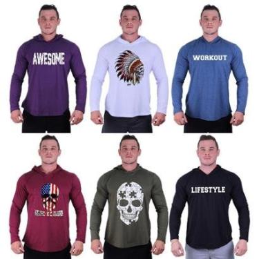 Imagem de Kit 6 Camisetas Manga Longa com Touca Longline Estampada Treino Academia Lazer Casual-Masculino