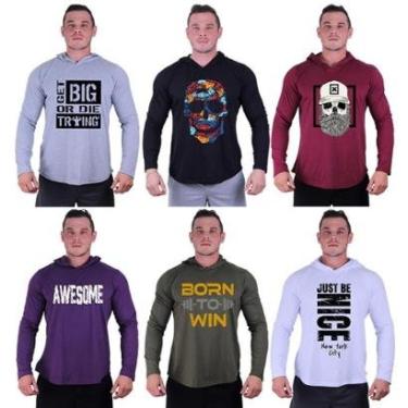Imagem de Kit 6 Camisetas Manga Longa com Touca Longline Estampada Treino Academia Lazer Casual-Masculino