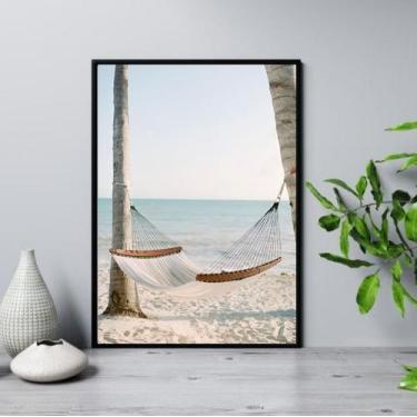 Imagem de Quadro Praia Rede Relax 33x24cm - com vidro - Quadros On-line, Madeira