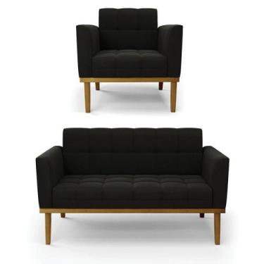 Imagem de Namoradeira E Poltrona Base De Madeira Castanho Elisa Suede Preto D03 
