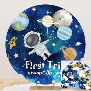 Imagem de Leyiyi 2,2 x 2,2 m, primeira viagem ao redor do sol, capa de fundo redondo desenho animado espaço sideral planeta foguete pequeno astronauta foto fundo para meninos decorações de festa de aniversário