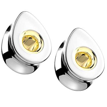 Imagem de Pierced Owl Plugues de selim de aço inoxidável 316L sólido em forma de gota com centro vazado dourado duplo, vendido como um par, Metal, Sem pedras preciosas