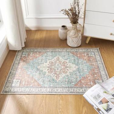 Imagem de Tapetes de cozinha Boho laváveis - Tapete pequeno vintage boêmio antiderrapante 2x3 fino capacho de entrada tapete de entrada tapetes de entrada internos, laranja queimado e azul