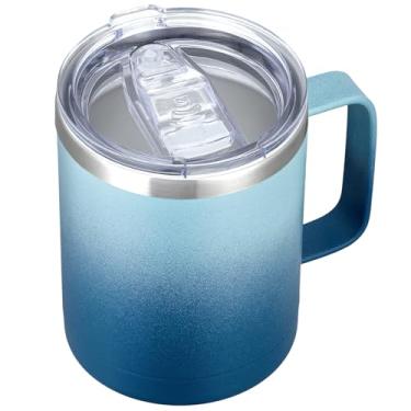 Imagem de Caneca de café com alça MEWAY, 350 ml, copo térmico de viagem de aço inoxidável com tampa deslizante, copo com isolamento a vácuo e parede dupla para bebidas quentes e frias (ondas azuis, 1 unidade)
