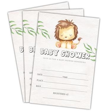 Imagem de NYCTUG Convites para chá de bebê Little Lion - 25 convites de tema animal com envelopes para revelação de gênero, anúncio de bebê, lembrancinha e suprimentos de festa de bebê recém-nascido - B14
