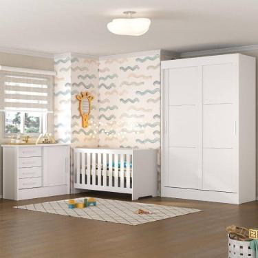 Imagem de Quarto de Bebê Completo Guarda Roupa 2 Portas 2 Gavetas com Cômoda e Berço Maya Espresso Móveis Branco