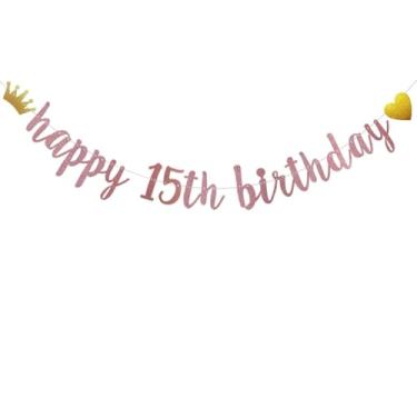 Imagem de Faixa de feliz aniversário de 15 anos, pré-amarrada, guirlandas de papel com glitter em ouro rosa para suprimentos de decoração de festa de 15 anos, letras ouro rosa, ABCpartyland
