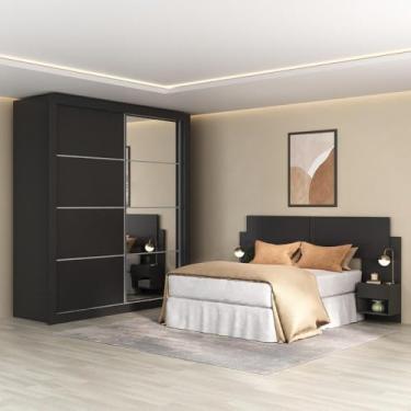 Imagem de Guarda-roupas Casal Espelho e Cabeceira com 2 Mesas de Cabeceira Multimóveis Mp4327 Preto