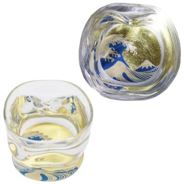 Imagem de Kasyou Studio Copo de saquê The Great Wave of Kanagawa (em forma de cachos naturais) Vidro (folha dourada Kanazawa, caixa de presente), feito no Japão, copo de saquê japonês, copos dourados de luxo