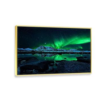 Imagem de JZSDGB Quadro dourado - Impressão em tela Arte de parede Aurora Boreal Imagens - céu estrelado verde paisagem pinturas de arte impressão em tela - pôster de luzes do norte - imagens modernas para