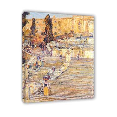 Imagem de Molduras-Childe Hassam Prints-Famous Paintings Print on Canvas - Impressionist Art Posters-Ready to hang, Reprodução em Tela Wall Art Picture (Escadaria Espanhola, Roma) 30x40cm (12x16in)