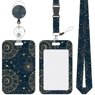 Imagem de Cordão vintage dourado de lua e sol para crachás de identificação, porta-crachás retráteis, cordão removível, porta-chaves, suporte protetor de identidade vertical para enfermeira, professor,