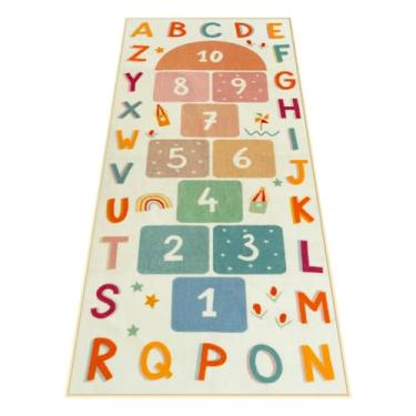 Imagem de STARUIA Tapete infantil lavável para sala de jogos, tapetes educativos coloridos para sala de aula com número ABC, tapete antiderrapante para quarto de meninas para quarto de crianças (bege, 80 x 182
