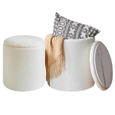 Imagem de IBUYKE Banco de veludo Teddy Vanity para maquiagem, conjunto de 2 pufes redondos com armazenamento, mesa de centro acolchoada moderna, banco multiuso para sala de estar e quarto, branco WBD015W