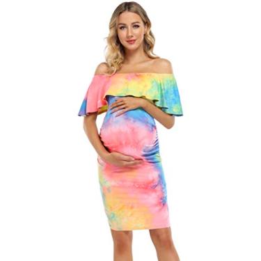 Imagem de FUNJULY Vestido de maternidade casual tomara que caia para fotografia de chá de bebê, Vermelho e amarelo01, G