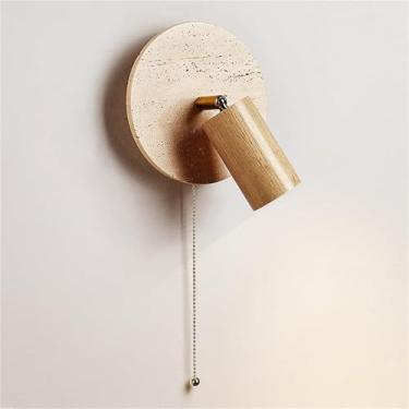 Imagem de Luminária de parede nórdica com base redonda em travertino amarelo e interruptor de corrente, com holofote de madeira, vintage, com fiação interna, para cabeceira de quarto (cor de madeira)