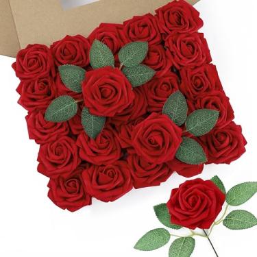 Imagem de DuHouse 50 peças de rosas artificiais flores falsas com hastes flores de espuma de toque real para buquê de casamento faça você mesmo chá de bebê peça central arranjo floral festa decoração de casa