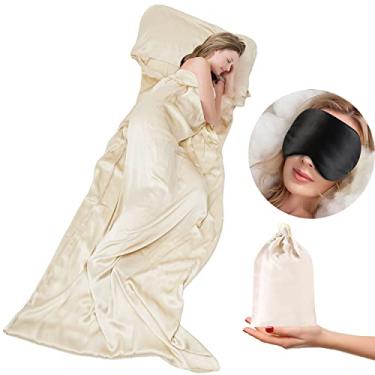 Imagem de Cozysilk Forro de saco de dormir 100% seda amoreira – 19 Momme Silk saco de dormir tamanho único, lençol leve de viagem e acampamento para hotel (bege, luxo único - 104 x 221 cm)