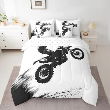 Imagem de Feelyou Jogo de edredom com lençol queen macio, para esportes radicais, para meninos e meninas, adolescentes, corrida, motocross, motociclista, 7 peças, preto