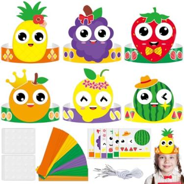 Imagem de Lonfliness 24 conjuntos de faixa de cabeça de papel com tema de frutas, kits de artesanato para atividades de férias de verão com 6 frutas, fácil bricolage, arte e artesanato, chapéus adesivos para