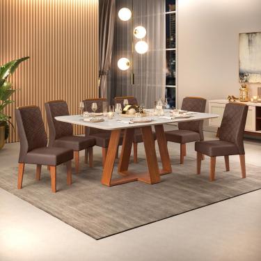 Imagem de Conjunto Sala de Jantar 6 Cadeiras Tampo Sem Vidro 170x90 DJ Móveis Kiara Freijó Quartzo Lidia Veludo Moca