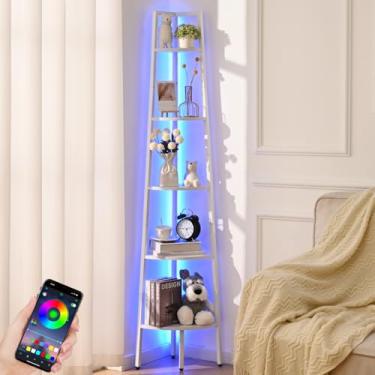 Imagem de Prateleira de canto branca, estante de canto de 5 camadas com luz LED, prateleiras de canto de 171 cm para quarto, prateleira alta com moldura de aço, prateleiras de armazenamento para escritório e