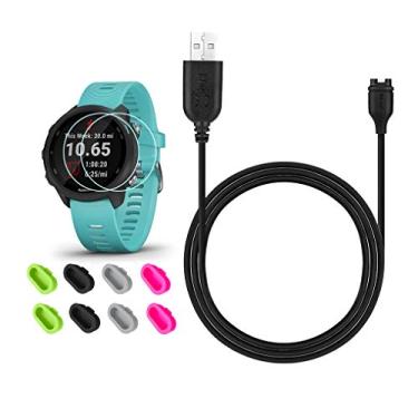 Imagem de JIUJOJA Para Garmin Forerunner 245 Carregador Clip Sync Cabo de Dados e 2 Peças de Protetor de Tela de Vidro Temperado HD e 8 Pçs Protetor de Porta de Carregador para Garmin Forerunner 245 Music