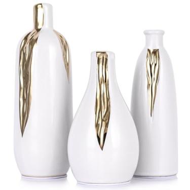 Imagem de Conjunto de 3 mini vasos de cerâmica brancos e dourados, pequenos vasos de cerâmica para decoração, vasos de botão para mesa de centro de mesa de cabeceira, cozinha, bandeja de mesa de centro para