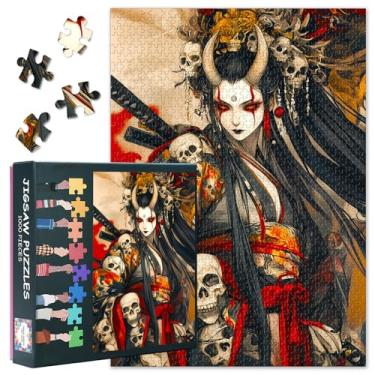 Imagem de 1000 Pieces for Adults Jigsaw Puzzles Skull and Girl Anime Style Female Warrior Puzzle Japanese Samurai and Monsters Challenge Impossible Puzzles for Adults Gift - 28" x 20"