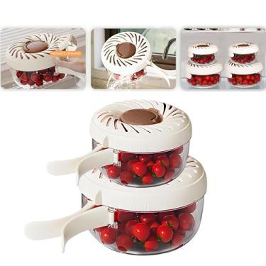 Imagem de FENGSHOUNIAN Cesta de drenagem multiuso 2025 com tampa, alça dobrável 3 em 1 e tigela de lavagem de frutas, coador de frutas com caixa de gelo, cesto de drenagem adequado para geladeira, ar livre