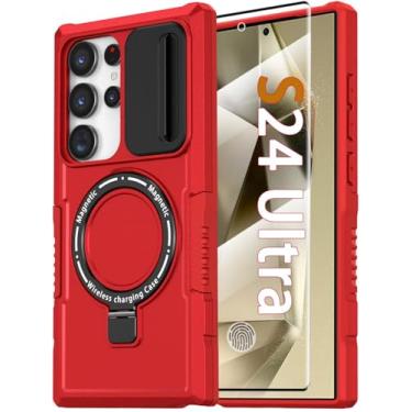 Imagem de Capa magnética para Samsung Galaxy S24 Ultra 5G com suporte de anel [compatível com carregamento sem fio MagSafe] [protetor de tela] Capa resistente à prova de choque de grau militar com capa de