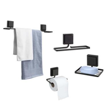 Imagem de Kit Acessórios Para Banheiro 4 Peças c/ Fita Adesiva Sem Furo Preto e 