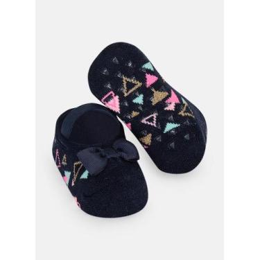 Imagem de Meia Sapatilha Puket Antiderrapante Com Laço Bebê Menina Azul Marinho 