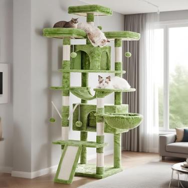Imagem de Árvore para gatos Hey-brother, grande torre para gatos de 180 cm GG para gatos internos, casa de gatos de vários níveis com 3 poleiros acolchoados, arranhador grande, cesta aconchegante, 2 condomínios