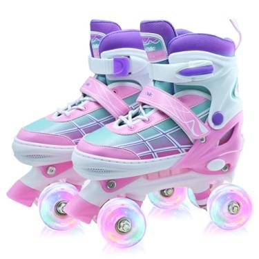 Imagem de Patins para crianças, patins quadriciclos ajustáveis para meninos e meninas de 5 a 8 anos com rodas iluminadas, patins infantis para iniciantes gradiente rosa para ambientes internos e externos