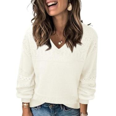 Imagem de Suéter Messic, pulôver feminino, decote em V, tricotado, branco, GG