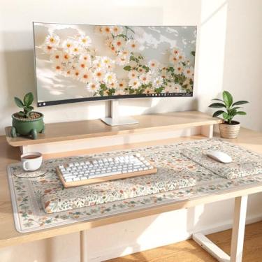 Imagem de iLeadon Mouse pad ergonômico com descanso de pulso, mouse e teclado antiderrapante, conjuntos de tapetes de mesa fofos, tapete de capa de mesa extragrande com porta-copos para mulheres escritório em
