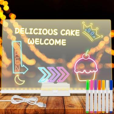 Imagem de Quadro de mensagens de acrílico brilhante, quadro de notas de mesa transparente com 7 canetas coloridas, quadro de notas brilhante, quadro reutilizável apagável a seco com suporte ajustável para