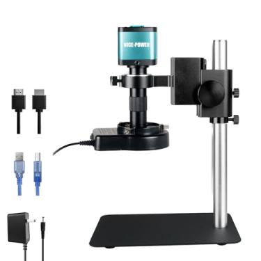 Imagem de NICE-POWER Microscópio digital, câmera de microscópio de vídeo industrial 48MP 1080p HDMI USB, lente de montagem C de zoom 150X, suporte dobrável, anel de luz LED, microscópio de solda (azul)