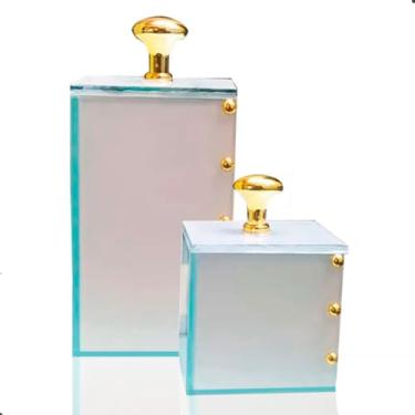 Imagem de Porta Algodão + Porta Cotonete Kit Banheiro Lavabo Luxo Vidro Acessórios Organizadores para Banheiro (Branco Dourado)