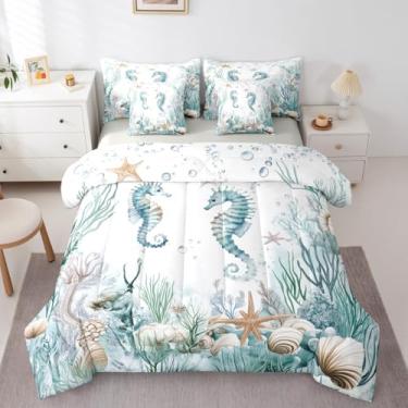 Imagem de Jogo de cama com estampa de oceano azul, praia, litoral, 7 peças, solteiro, crianças, adolescentes, adultos, estrela-do-mar, cavalo-marinho, animais marinhos
