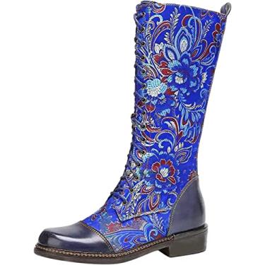 Imagem de Botas femininas vermelhas vintage cano alto renda, Azul, 10
