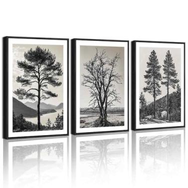 Imagem de KUVIOKE Arte de parede em tela emoldurada de árvore vintage preto e branco retrô desenhos de floresta antiga natureza natureza esboço pintura de parede decoração moderna 30 x 40 cm (moldura preta)