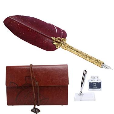 Imagem de Acouto Conjunto de Canetas de Escrita de Penas Vintage Com Pena de Caligrafia Elegante, Capa de Couro Sintético e Materiais de Arte para Desenho e Artesanato (SP236906 ouro vinho tinto (caixa