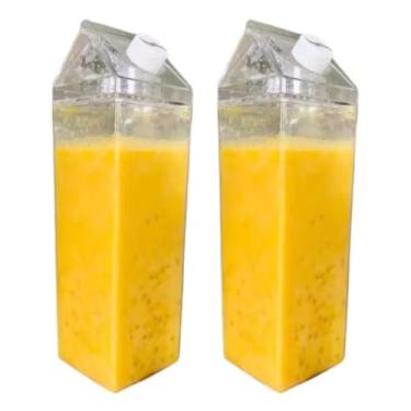 Imagem de Kit 2 Garrafas de 1000ML Com Adesivo Formato Caixa De Leite Suco Água Acrílico Geladeira Transparente Suco