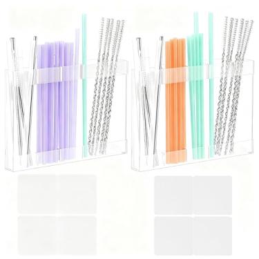 Imagem de LOYORTY 2 peças de suporte de canudo de acrílico para porta de armário organizador de canudo reutilizável com fita adesiva dupla face rack de armazenamento de canudo para armário de balcão de cozinha