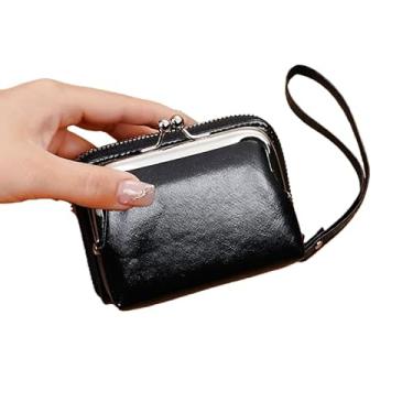 Imagem de Mini carteira feminina clássica com cadeado Kiss e fecho de zíper, ferragens douradas, porta-moedas com vários compartimentos e porta-cartões, Preto, Clássicos