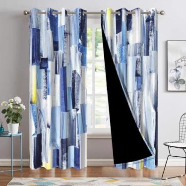 Imagem de DORCEV Cortinas blecaute azuis de arte abstrata moderna, estética minimalista, isolamento térmico, cortinas para quarto, azul, amarelo, grafite, escurecimento de quarto, 134 x 213 cm, 2 painéis