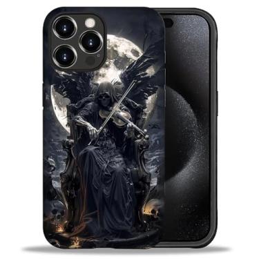Imagem de WANKBLC Capa fosca compatível com iPhone 16 Pro Max para meninas e meninos, design de corpo inteiro, silicone macio, proteção contra arranhões, padrão maluco, preto, Grim Reaper, violino, asas e lua