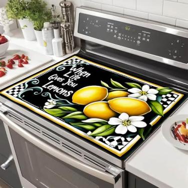 Imagem de HOMETITUTE Capa superior de fogão de limão para decoração de cozinha elétrica de 71 x 50 cm, protetor de fogão de vidro resistente ao calor, tapete de bancada, almofada de cobertura de fogão elétrico